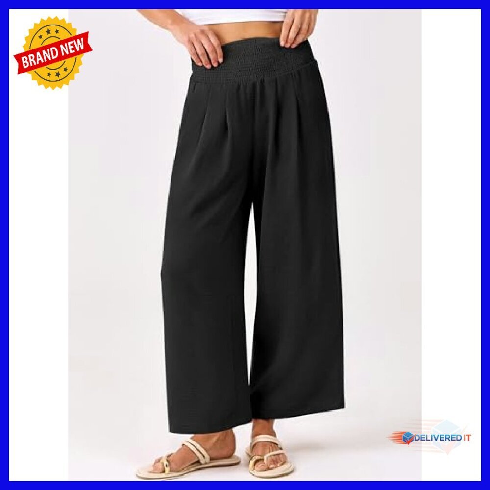 Wide Leg Palazzo Pants High Waisted Flowy Casual Trousers with Pockets - Picture 3 of 8